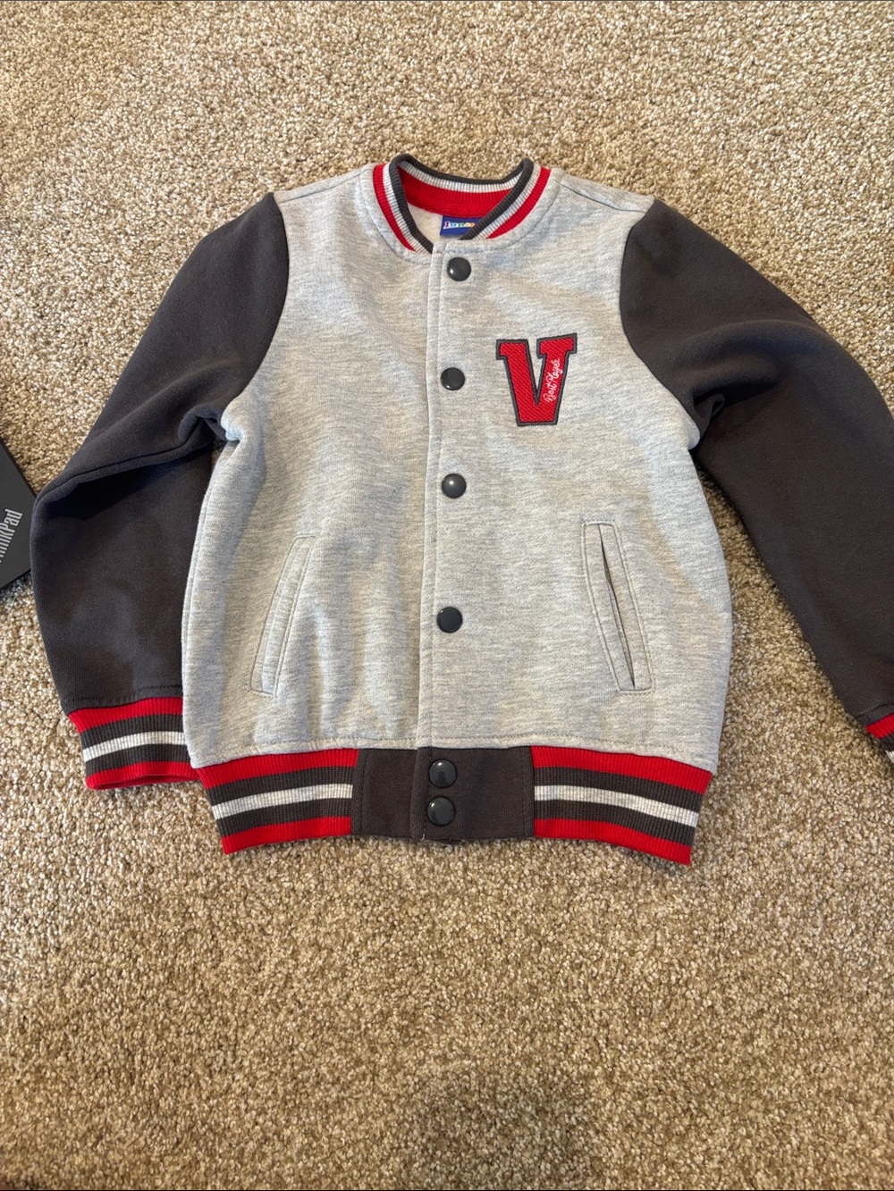 Kids Grey & Black Varsity-Style Jacket with Red Trim